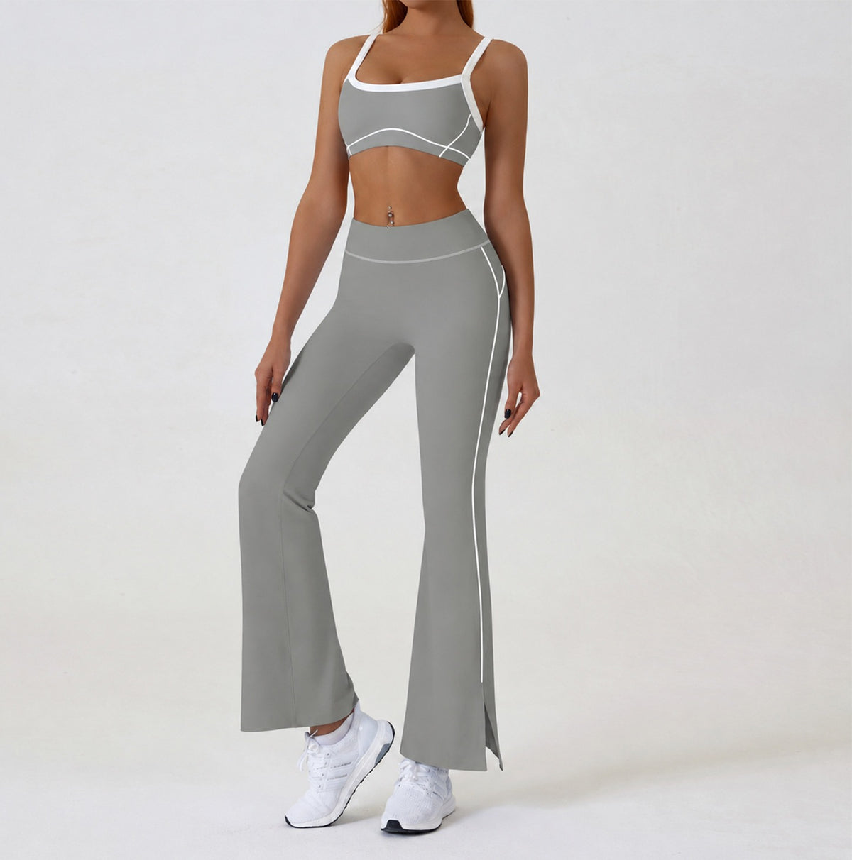 Contrast Piping Yoga Set With Flare Pants or Shorts - Grey Flare