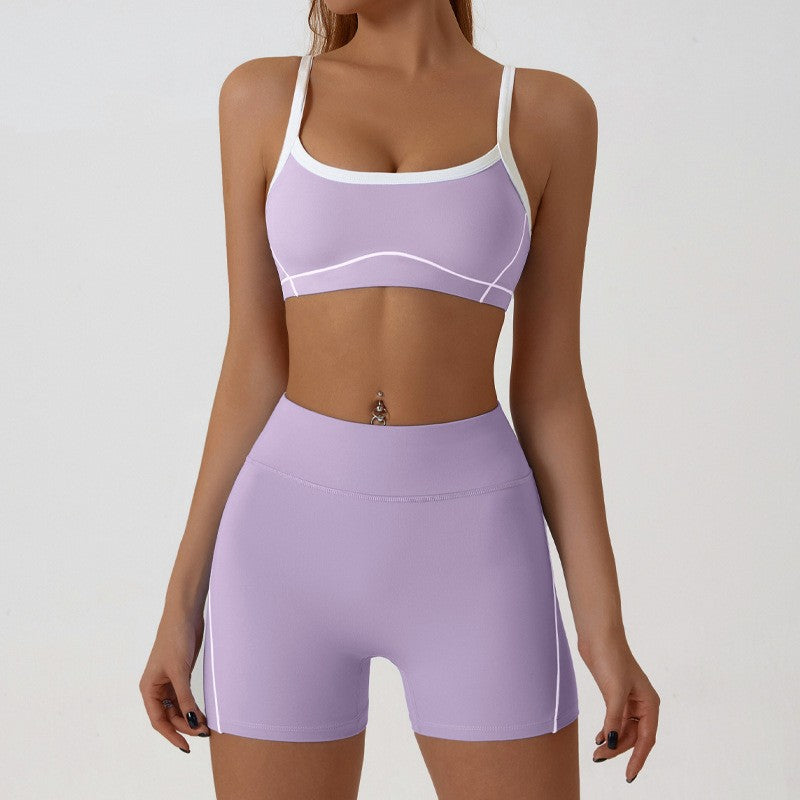 Contrast Piping Yoga Set With Flare Pants or Shorts - Lilac Shorts