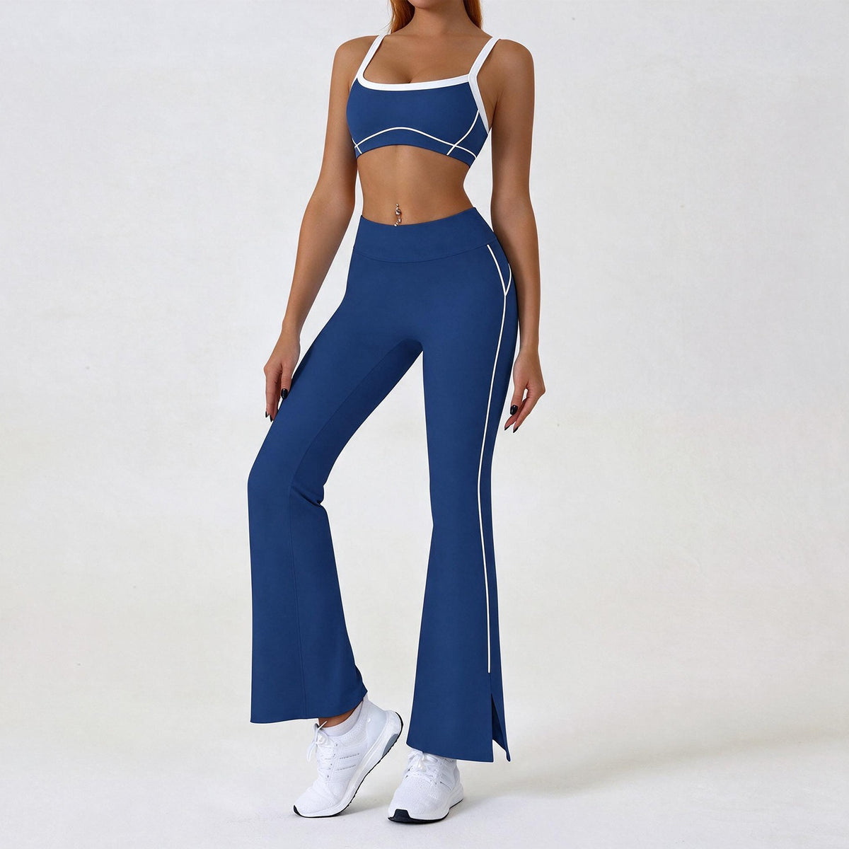 Contrast Piping Yoga Set With Flare Pants or Shorts - Navy Flare