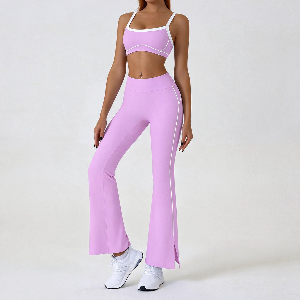 Contrast Piping Yoga Set With Flare Pants or Shorts - Pink Flare