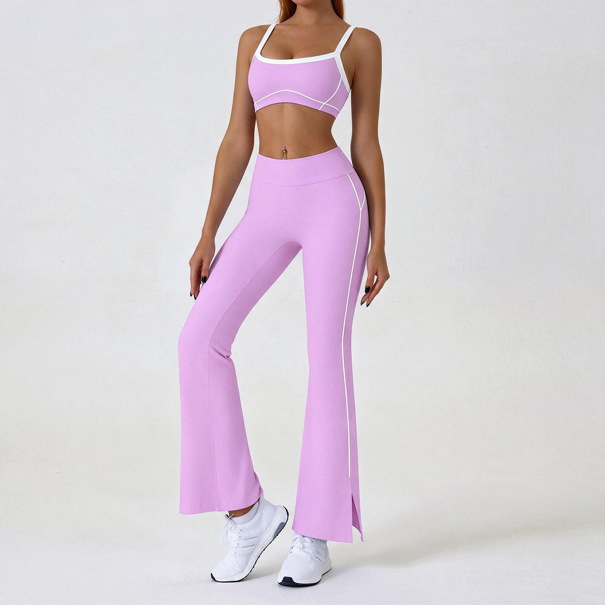 Contrast Piping Yoga Set With Flare Pants or Shorts - Pink Flare