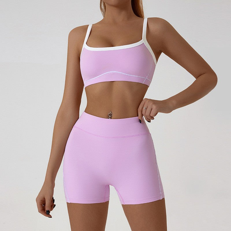 Contrast Piping Yoga Set With Flare Pants or Shorts - Pink Shorts