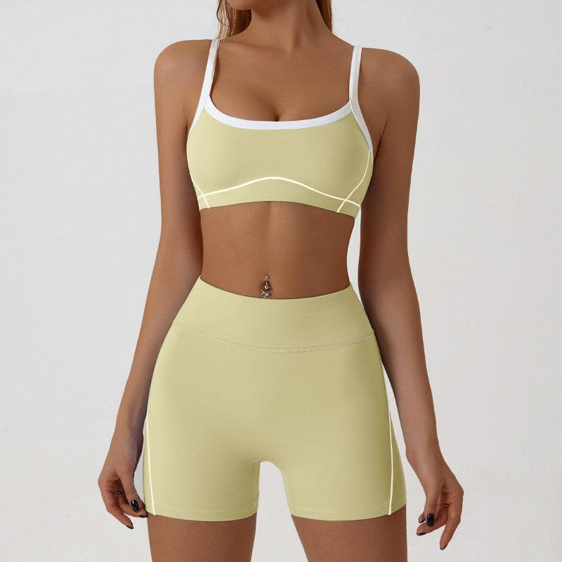 Contrast Piping Yoga Set With Flare Pants or Shorts - Yellow Shorts