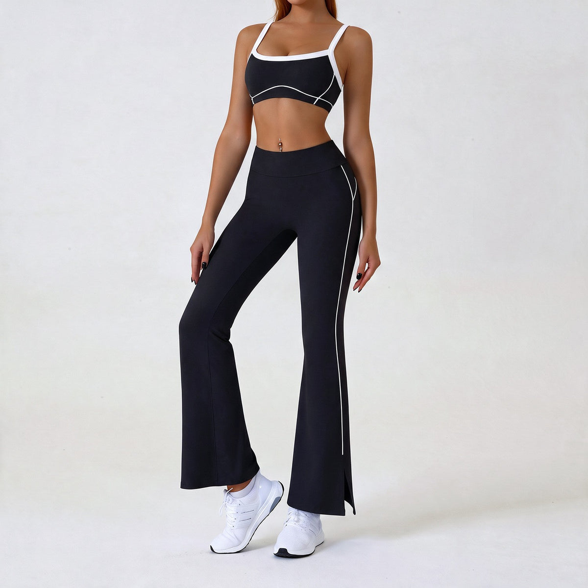 Contrast Piping Yoga Set With Flare Pants or Shorts