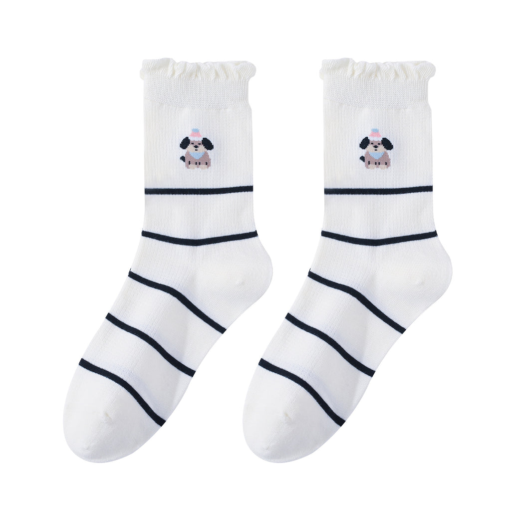 Puppy Embroidered Ruffle Cuff Crew Socks - NO01