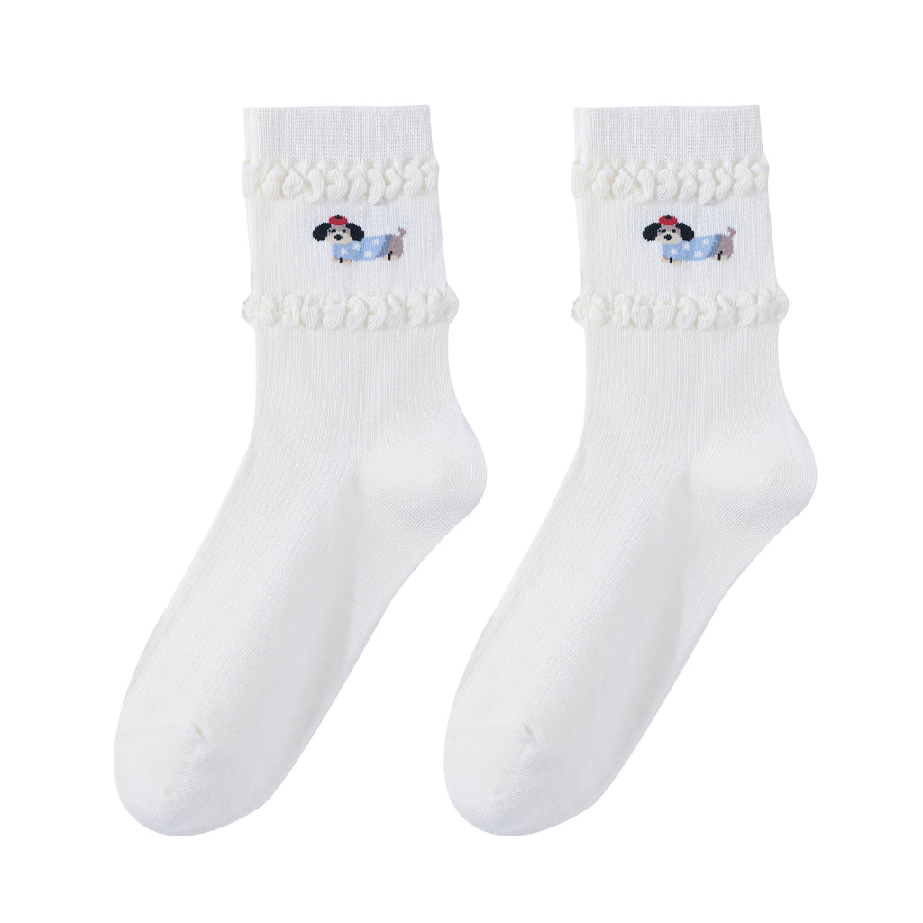 Puppy Embroidered Ruffle Cuff Crew Socks - NO03