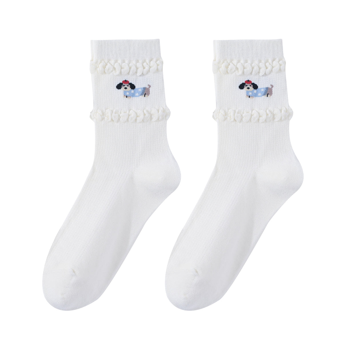 Puppy Embroidered Ruffle Cuff Crew Socks - NO03