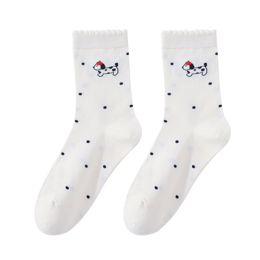 Puppy Embroidered Ruffle Cuff Crew Socks - NO04