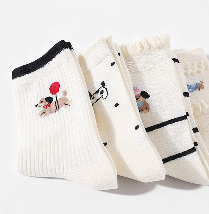 Puppy Embroidered Ruffle Cuff Crew Socks