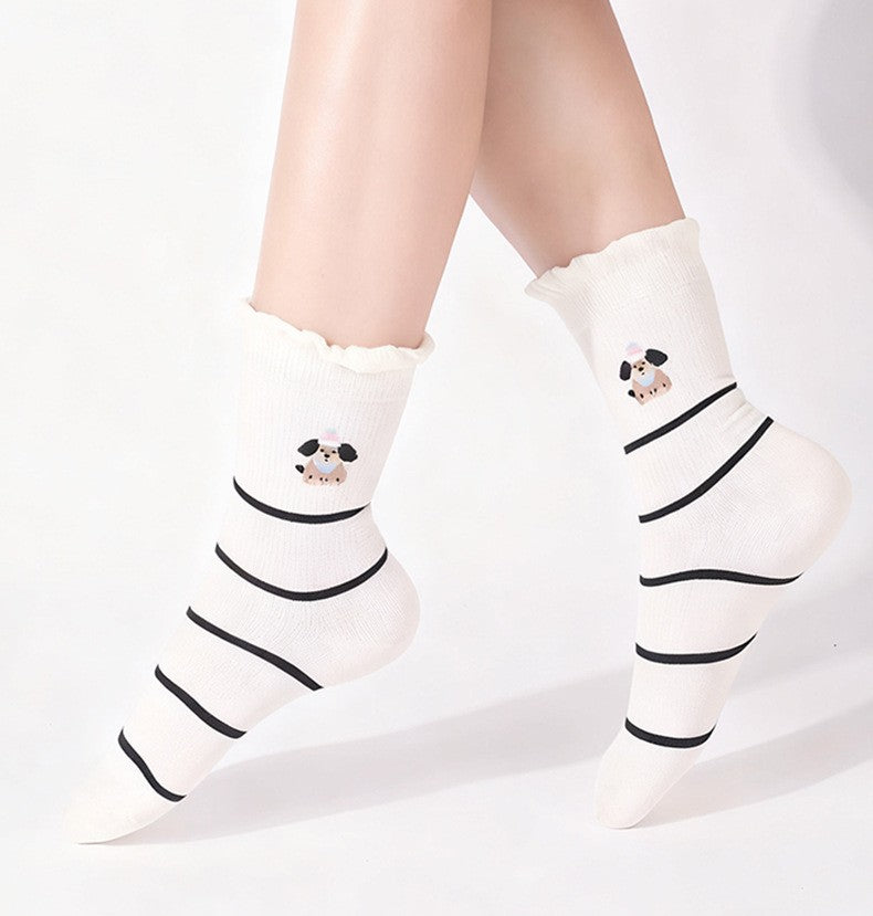 Puppy Embroidered Ruffle Cuff Crew Socks - view 1