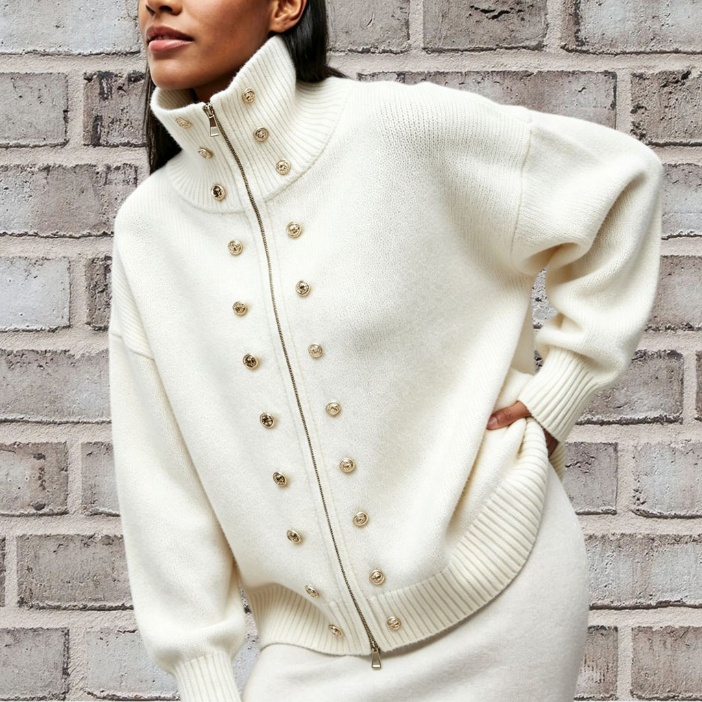 Stud Button High Neck Zip Up Knit Sweater - Beige