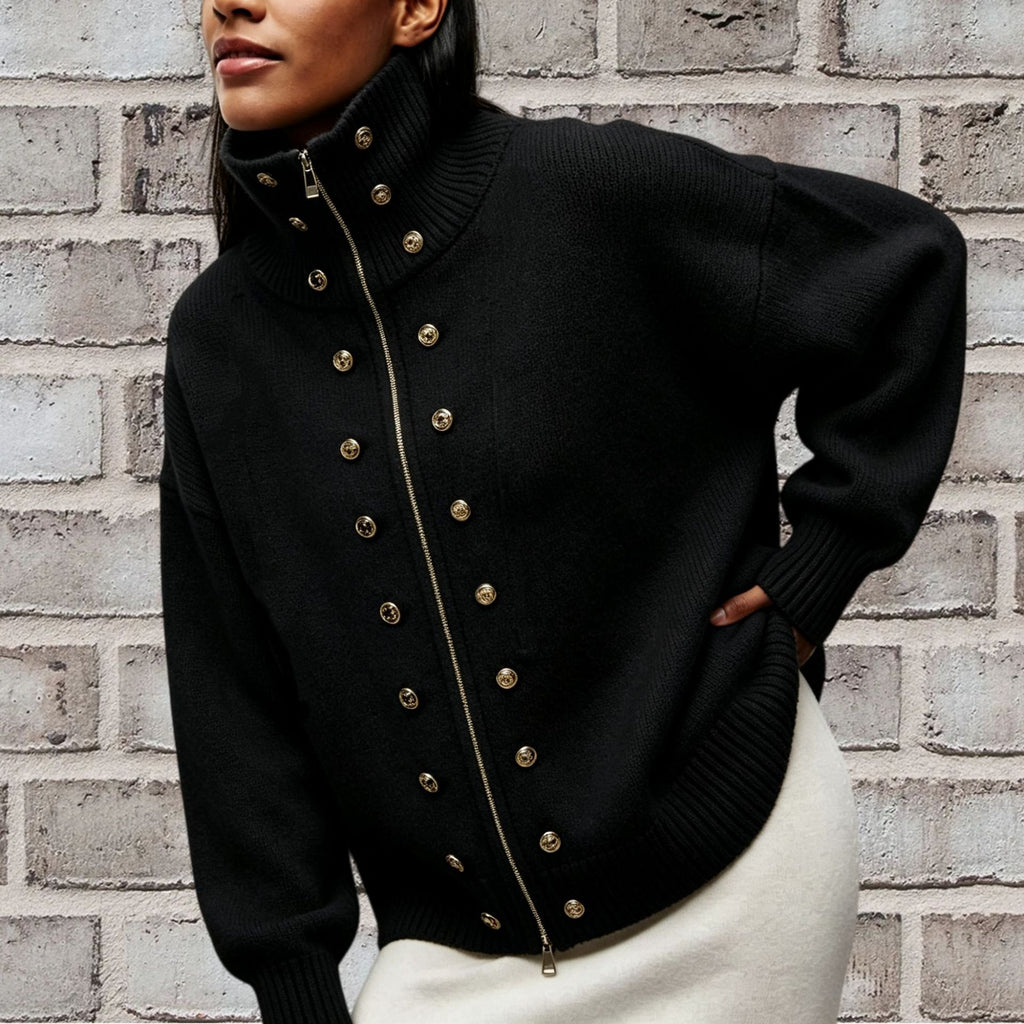 Stud Button High Neck Zip Up Knit Sweater - Black