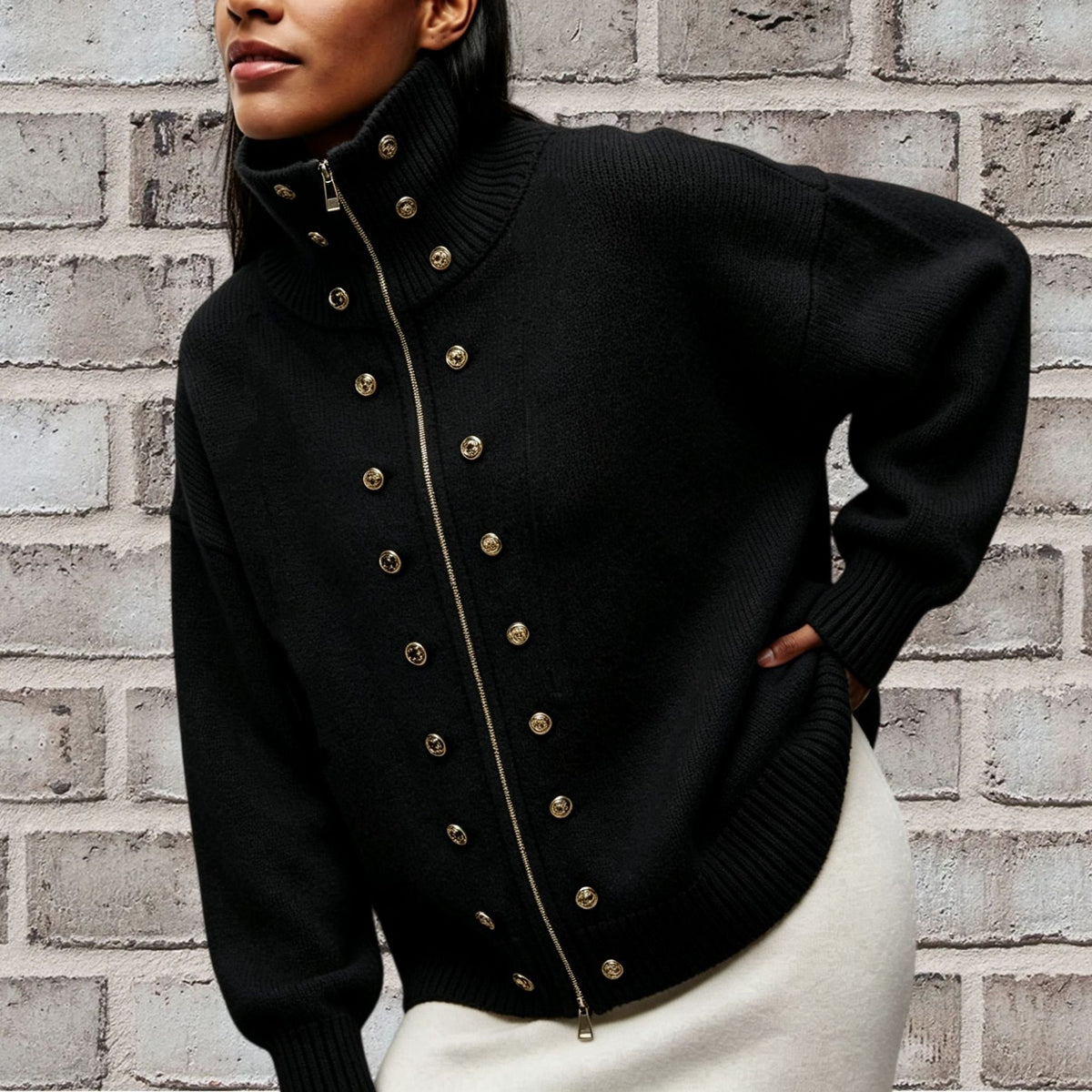 Stud Button High Neck Zip Up Knit Sweater - Black