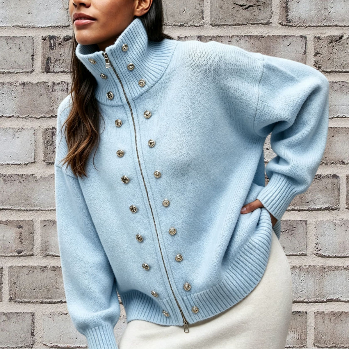 Stud Button High Neck Zip Up Knit Sweater - Blue