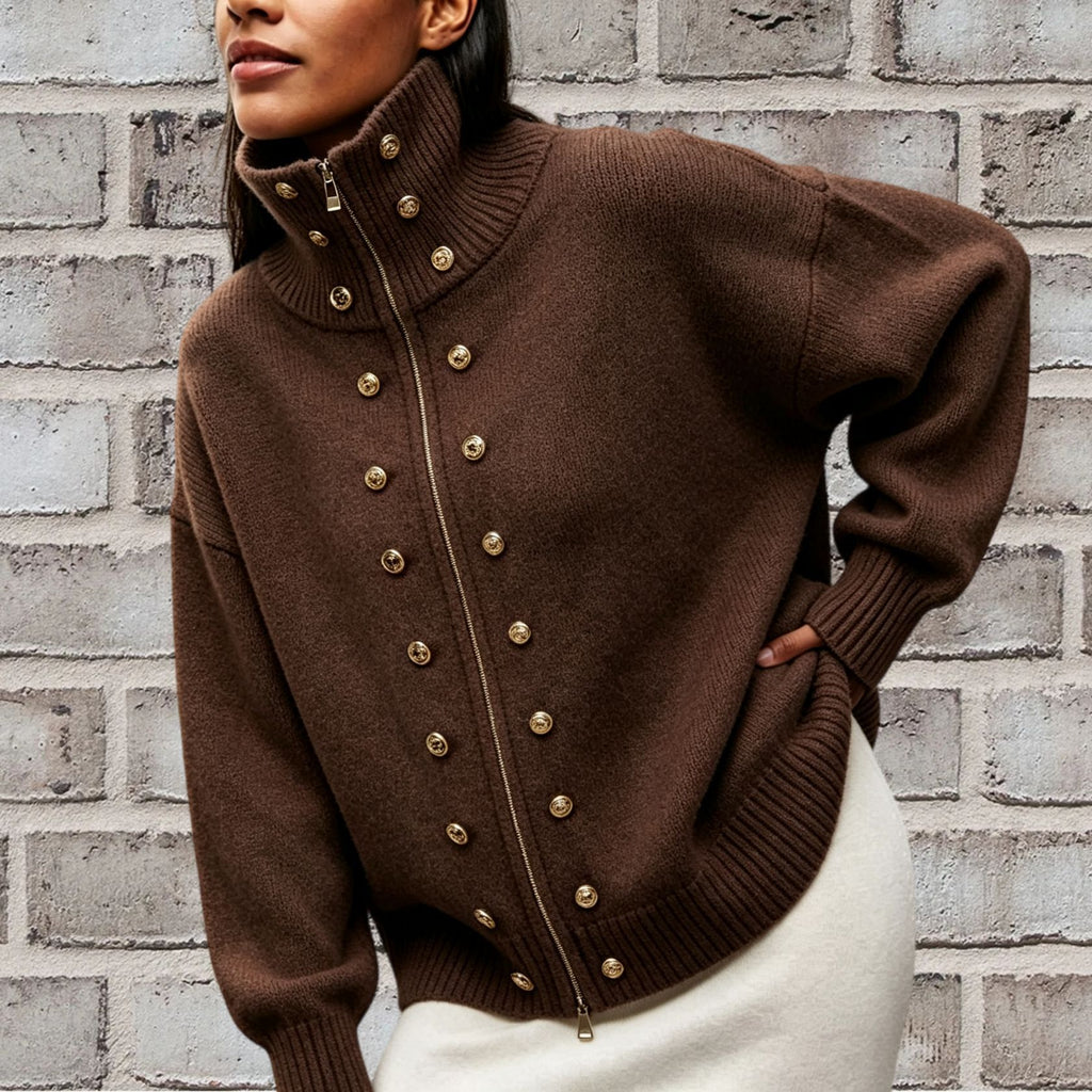 Stud Button High Neck Zip Up Knit Sweater - Coffee