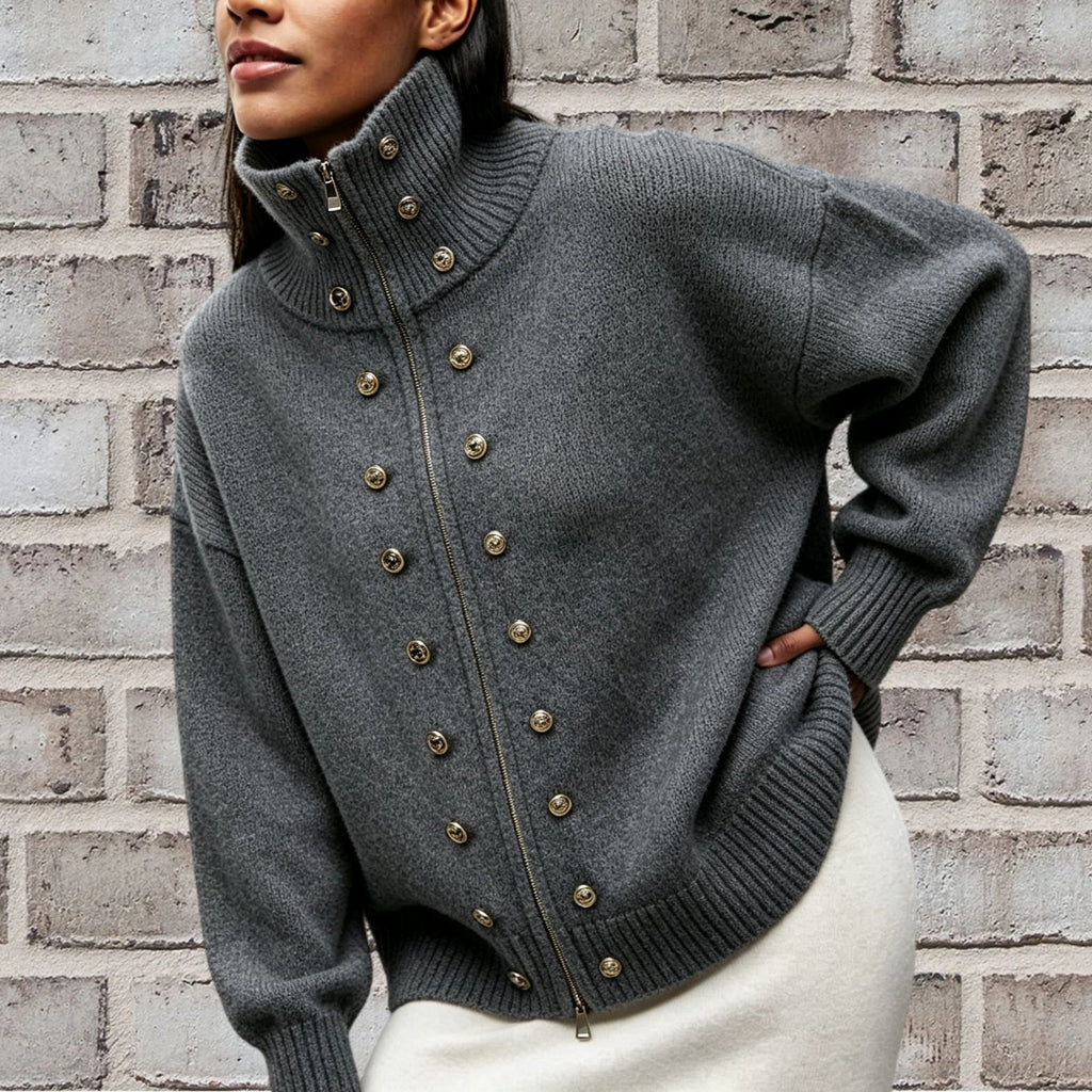 Stud Button High Neck Zip Up Knit Sweater - DarkGrey