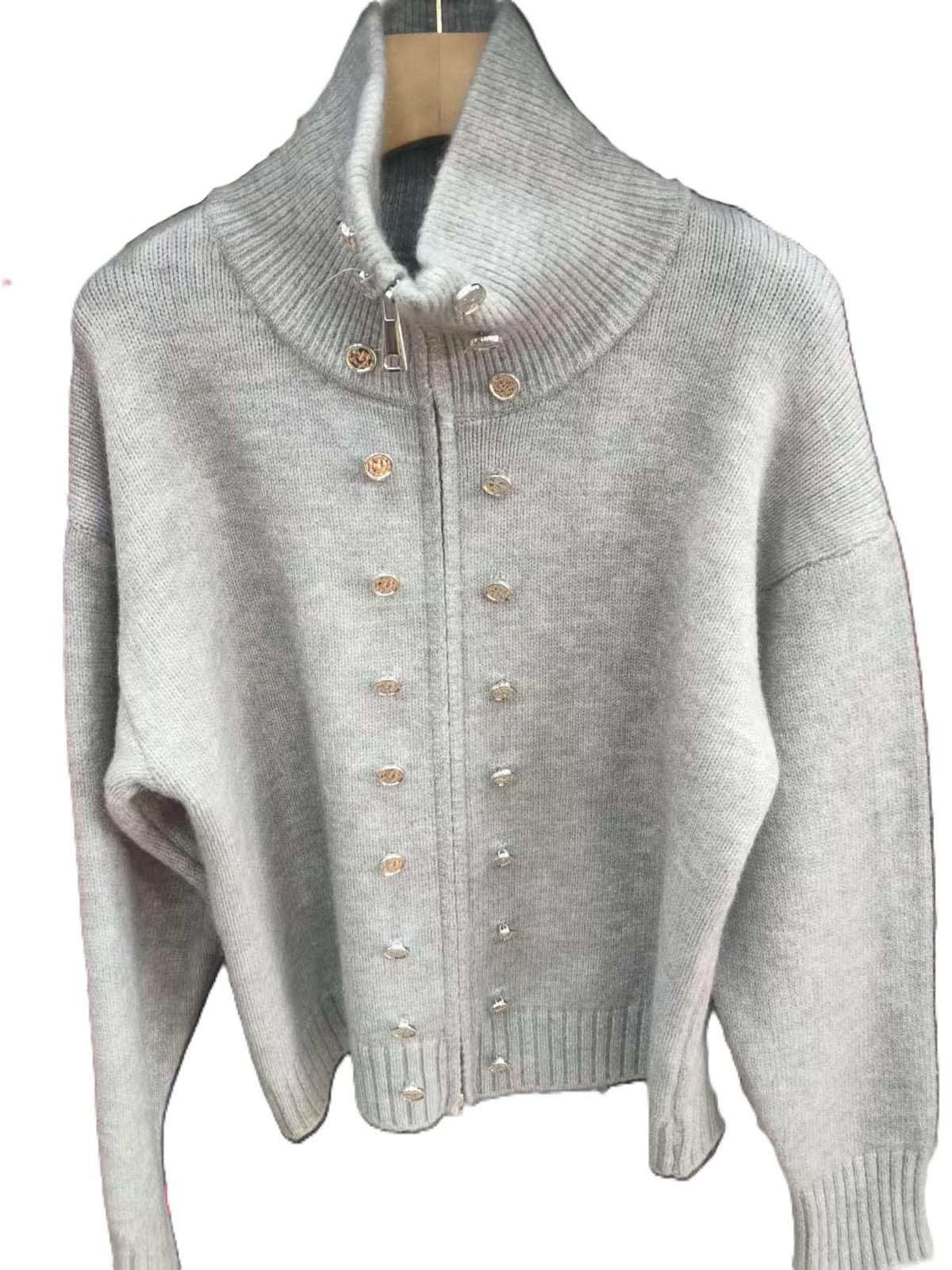 Stud Button High Neck Zip Up Knit Sweater - Grey
