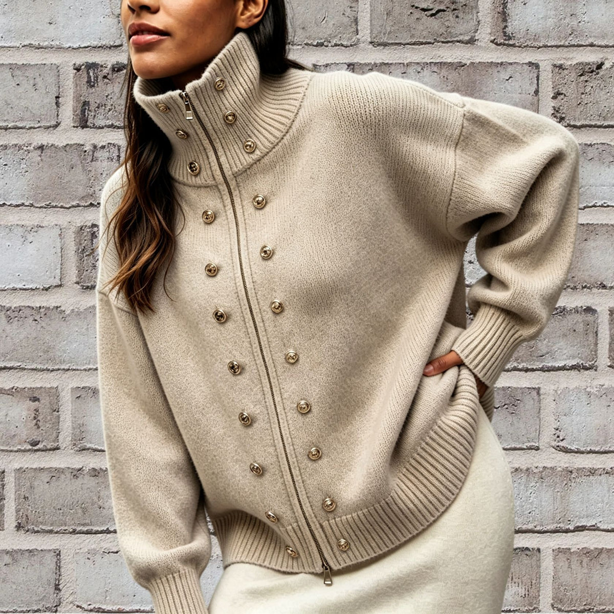 Stud Button High Neck Zip Up Knit Sweater - Khaki