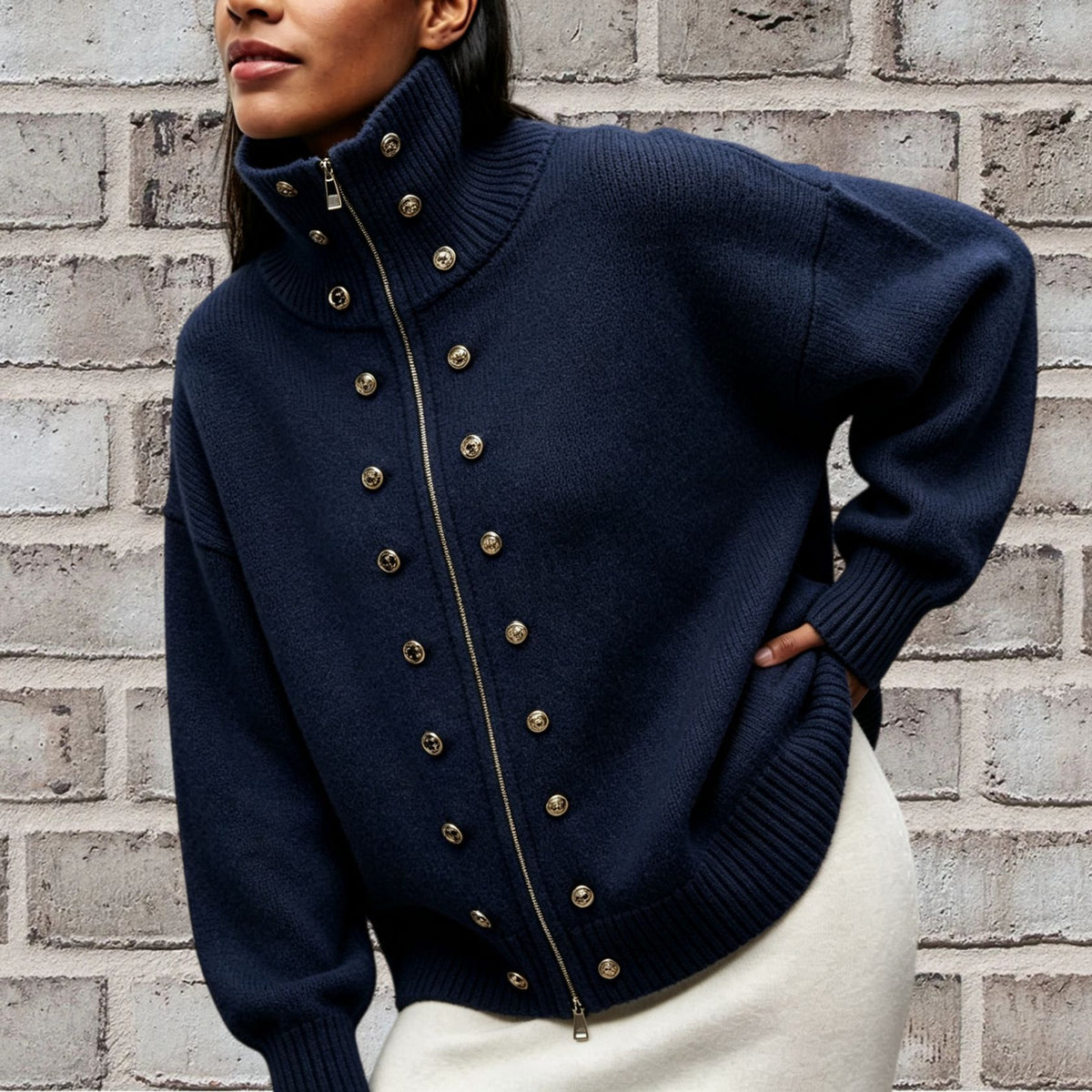 Stud Button High Neck Zip Up Knit Sweater - NavyBlue