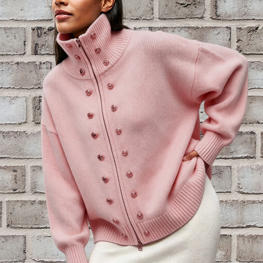 Stud Button High Neck Zip Up Knit Sweater - Pink