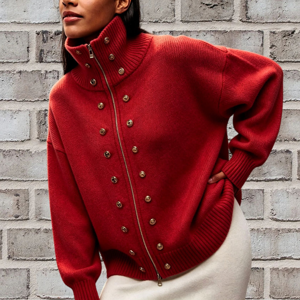 Stud Button High Neck Zip Up Knit Sweater - Red