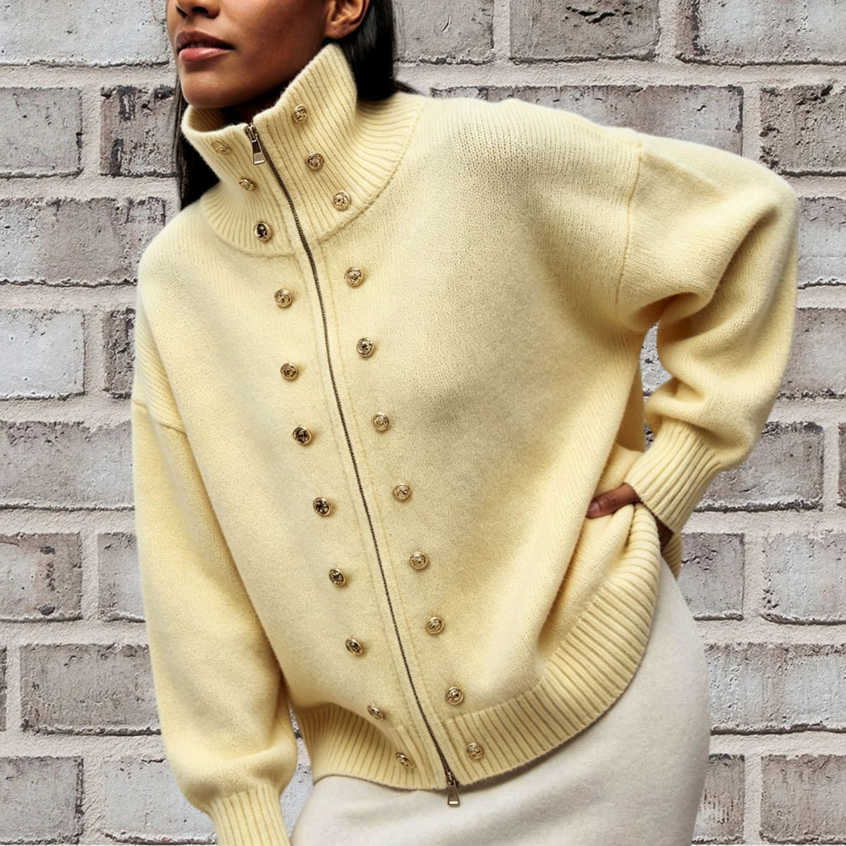 Stud Button High Neck Zip Up Knit Sweater - Yellow