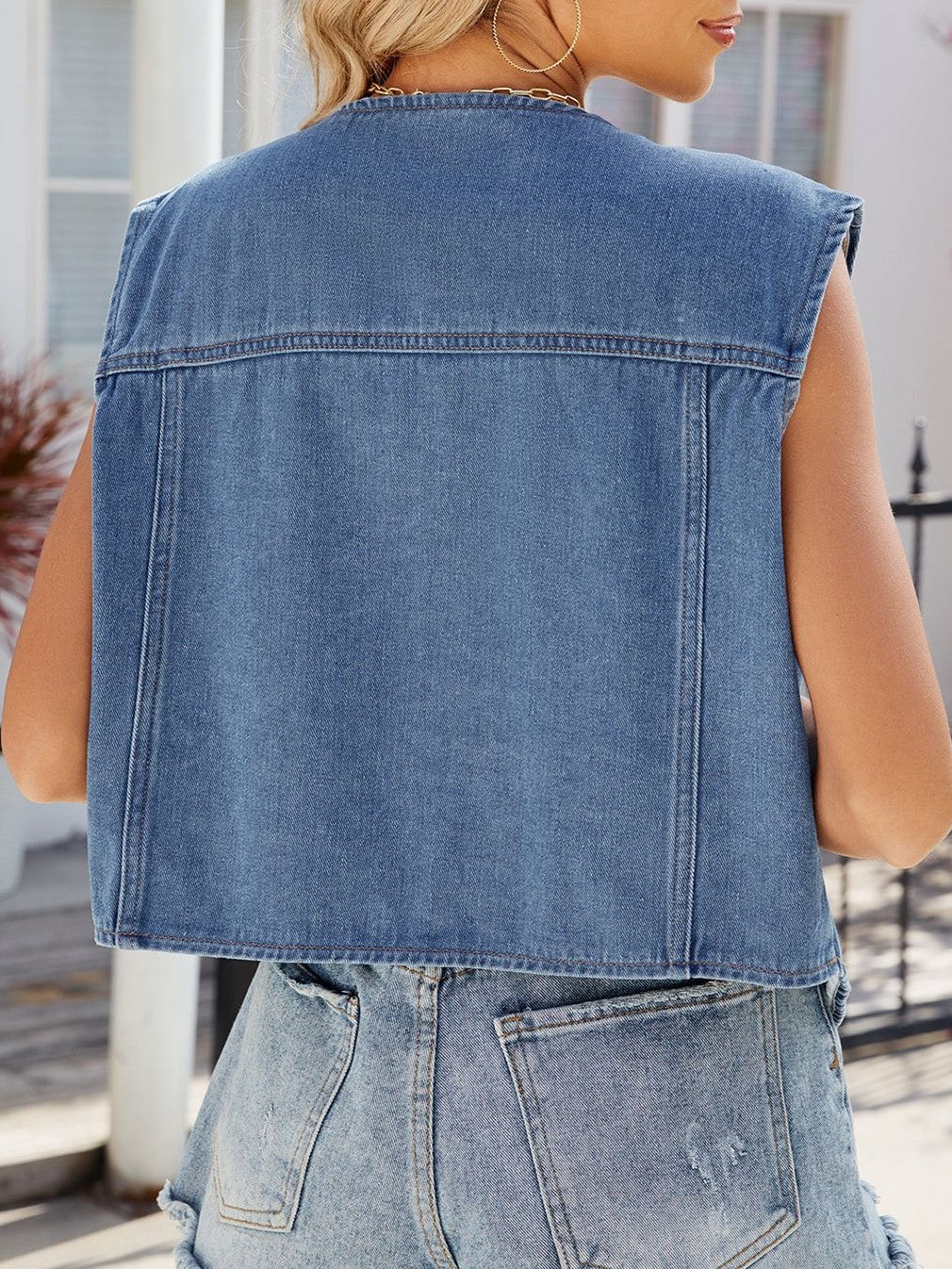 Chest Pocket Pointed Hem Denim Vest - Blue - 4