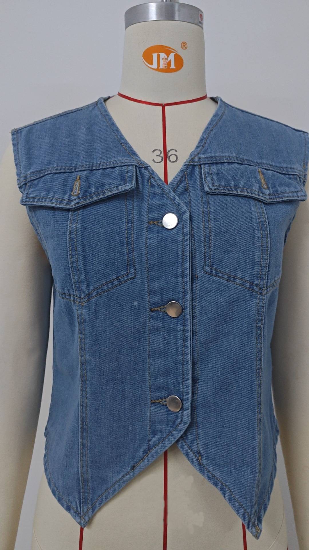 Chest Pocket Pointed Hem Denim Vest - Blue - 6