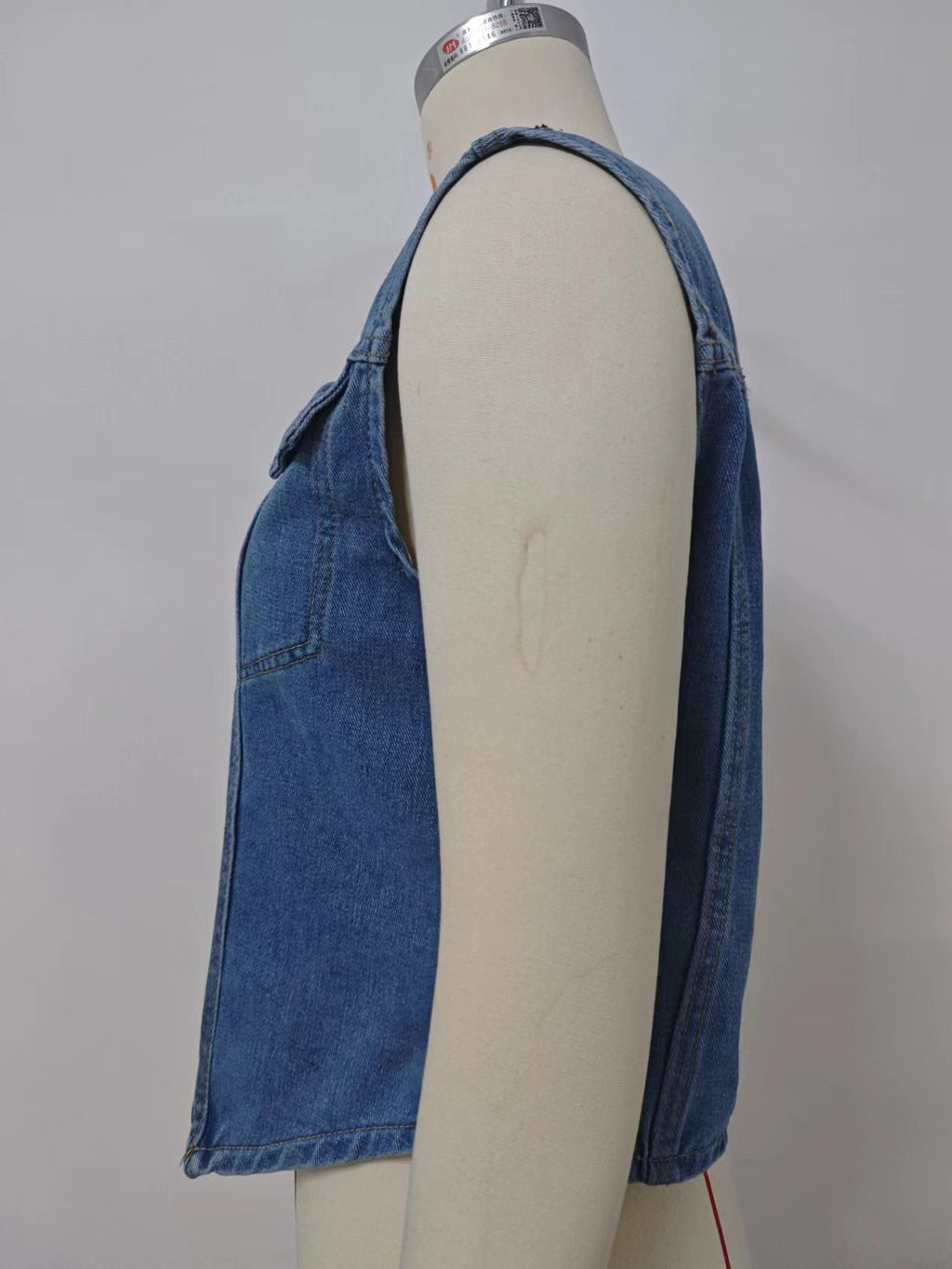 Chest Pocket Pointed Hem Denim Vest - Blue - 7