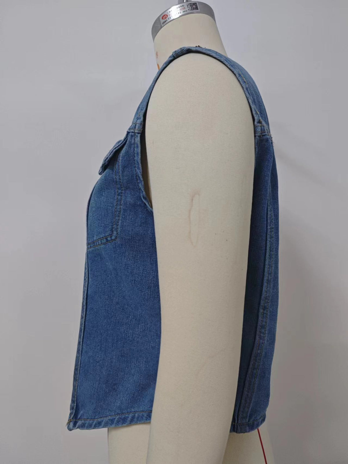 Chest Pocket Pointed Hem Denim Vest - Blue - 7
