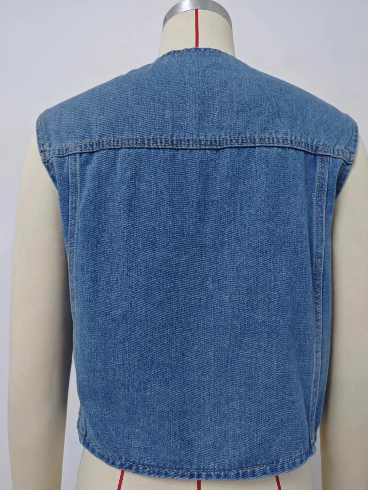 Chest Pocket Pointed Hem Denim Vest - Blue - 8