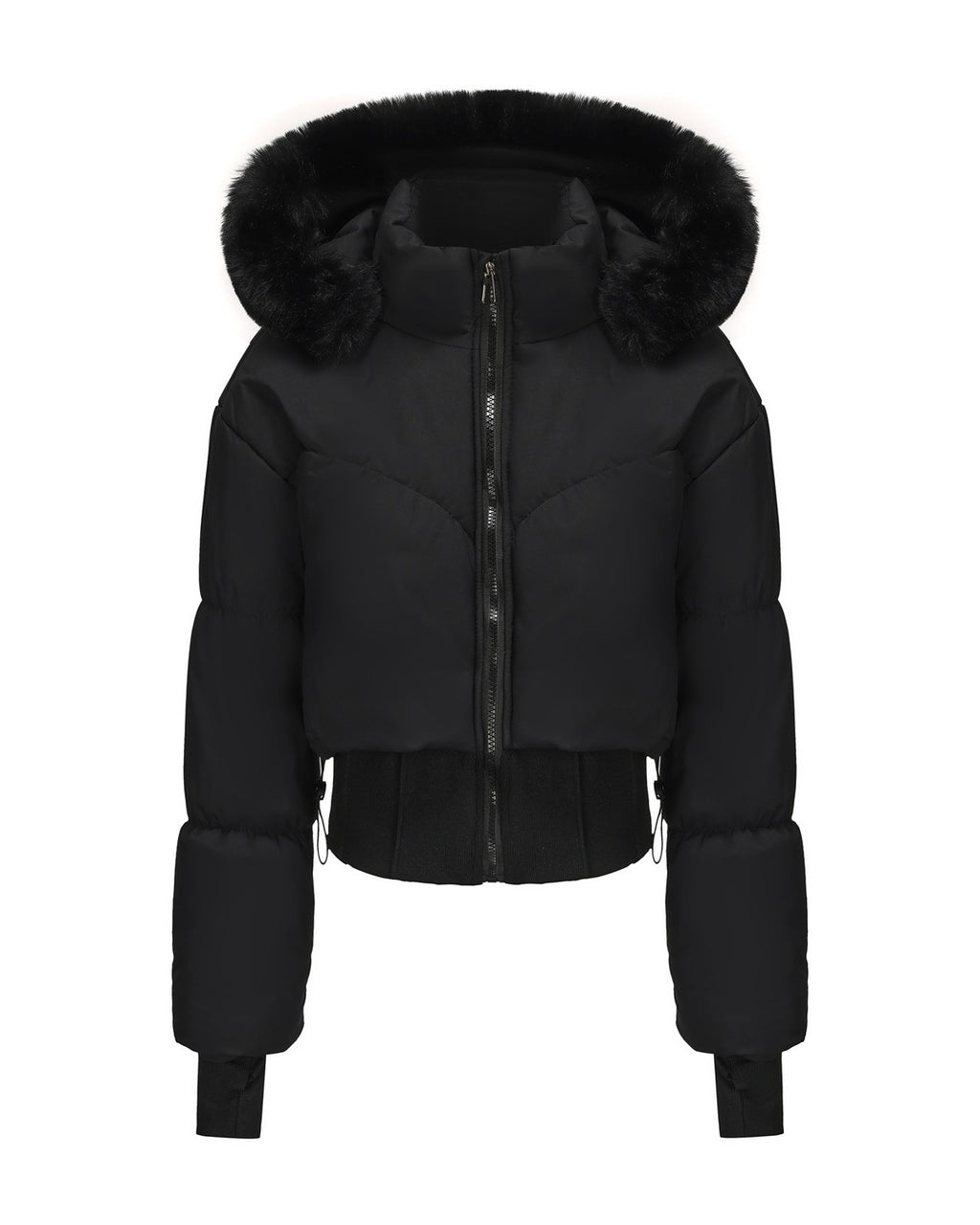 Cropped Puffer Jacket With Fur Trim Hood - Black - 1