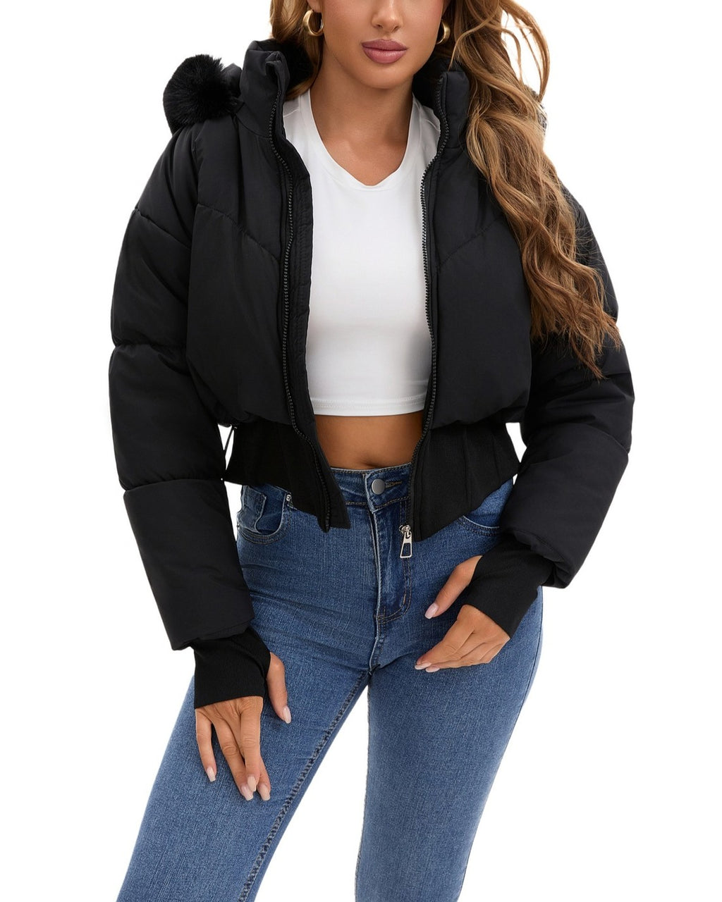 Cropped Puffer Jacket With Fur Trim Hood - Black - 3