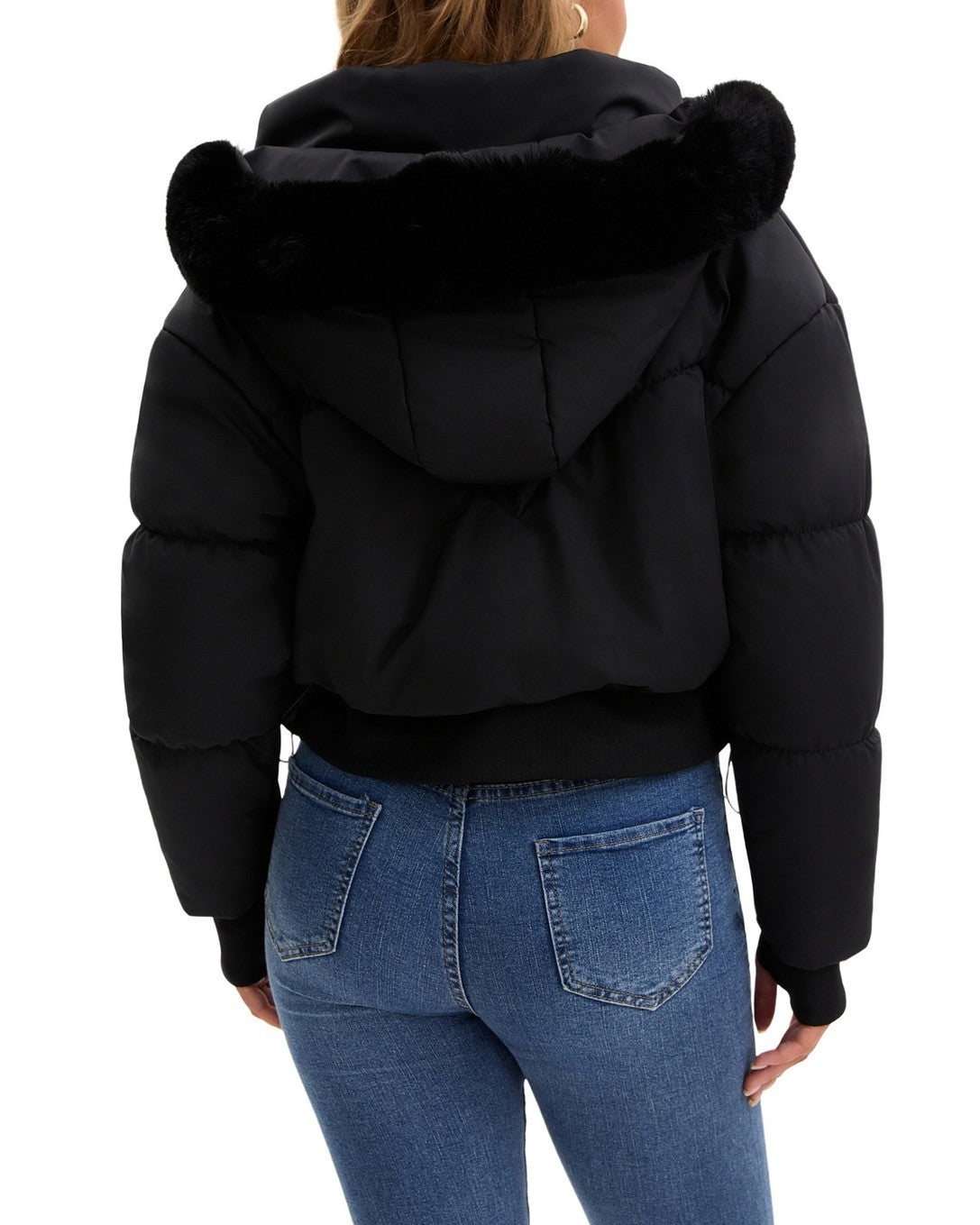 Cropped Puffer Jacket With Fur Trim Hood - Black - 4