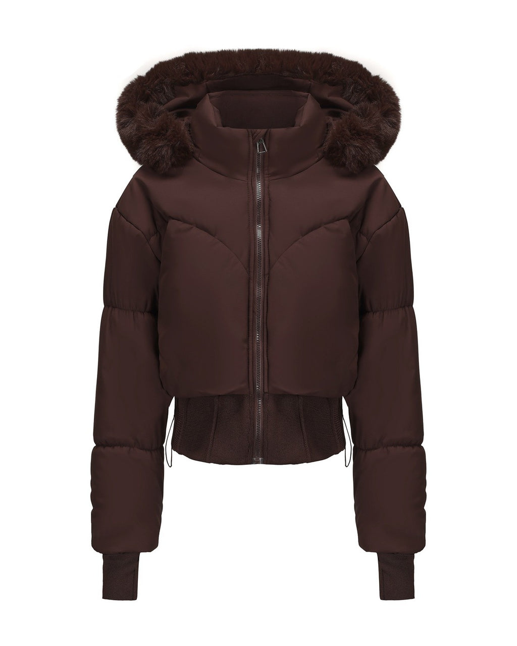 Cropped Puffer Jacket With Fur Trim Hood - Brown