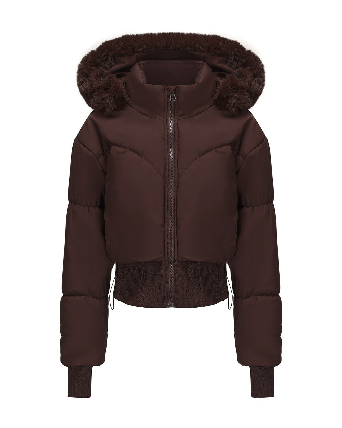 Cropped Puffer Jacket With Fur Trim Hood - Brown