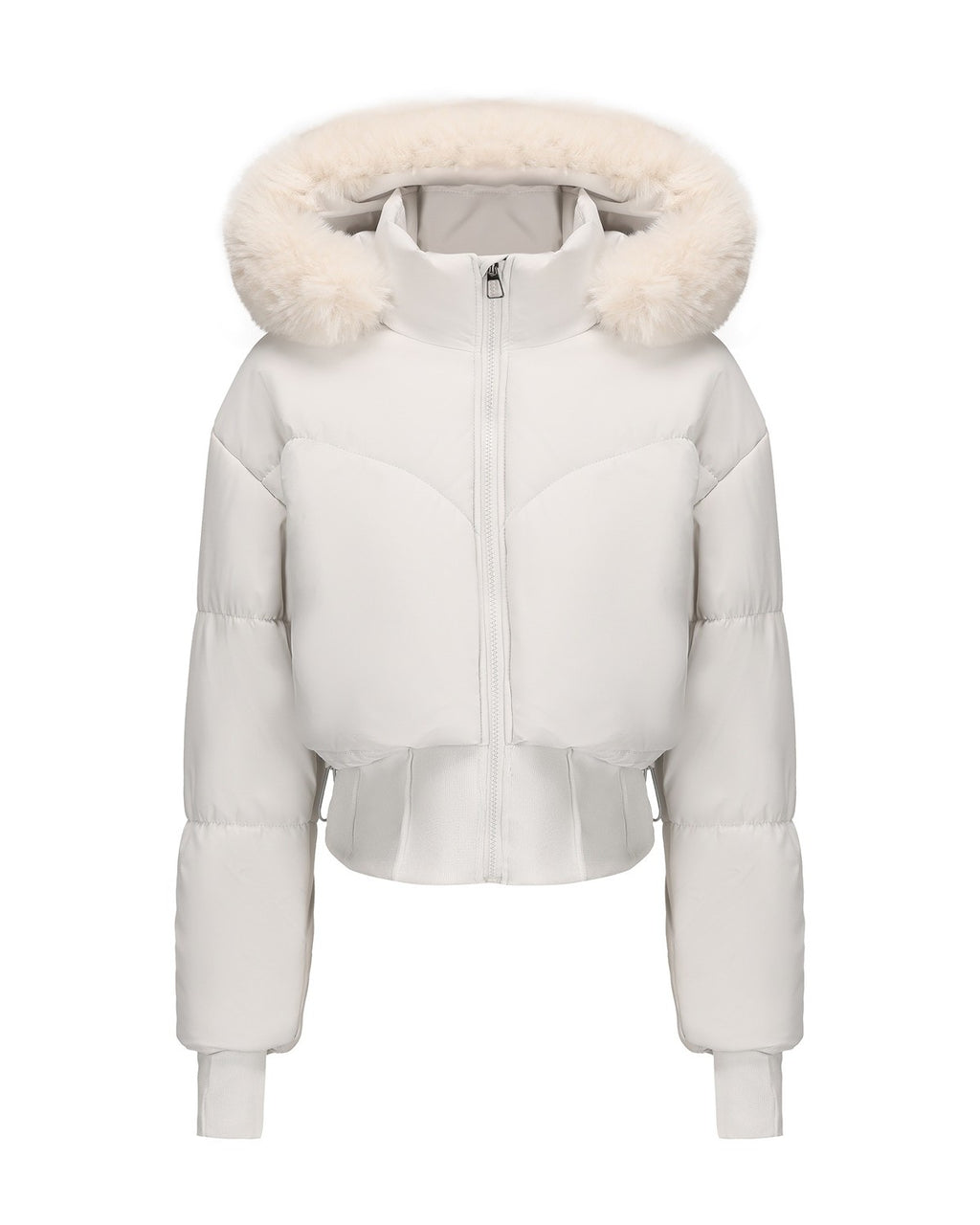Cropped Puffer Jacket With Fur Trim Hood - White