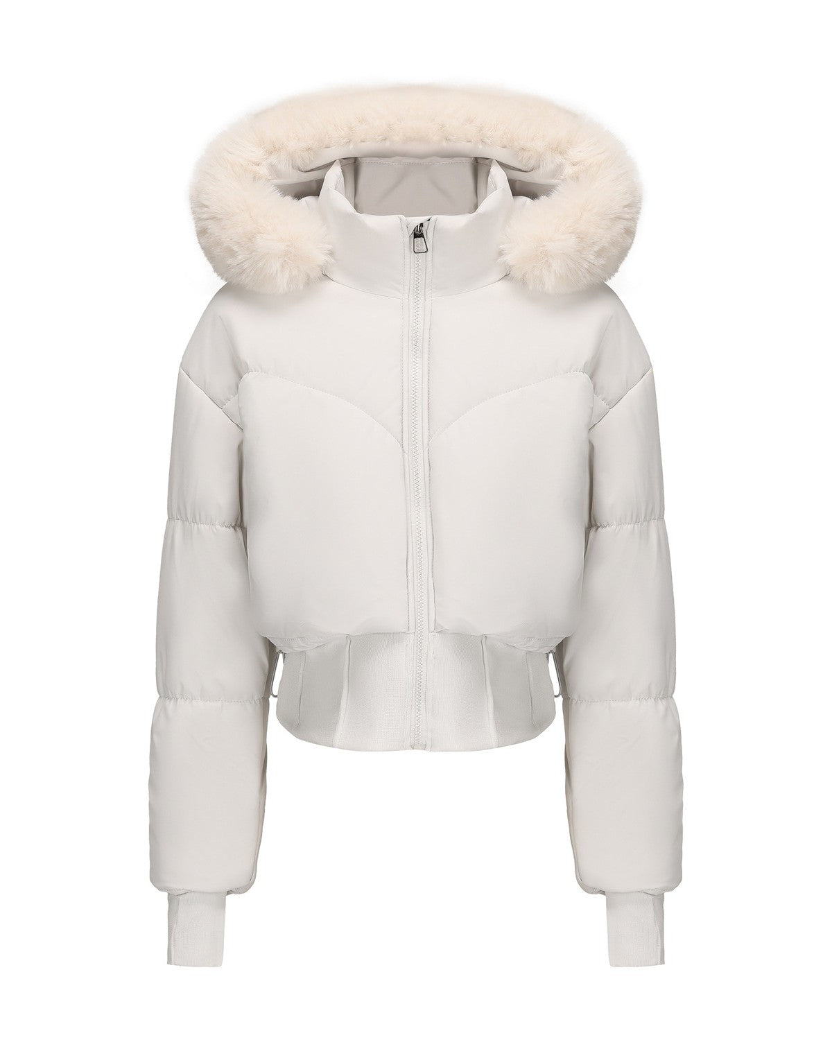 Cropped Puffer Jacket With Fur Trim Hood - White