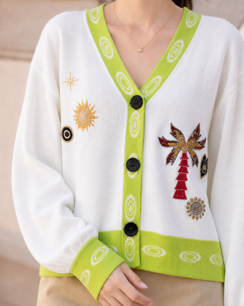Embroidered Palm Sun Knit Cardigan - White - 1