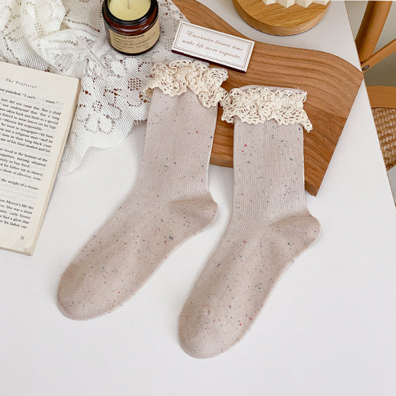 Lace Ruffle Cuff Speckled Crew Socks - Beige