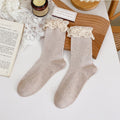 Lace Ruffle Cuff Speckled Crew Socks - Beige