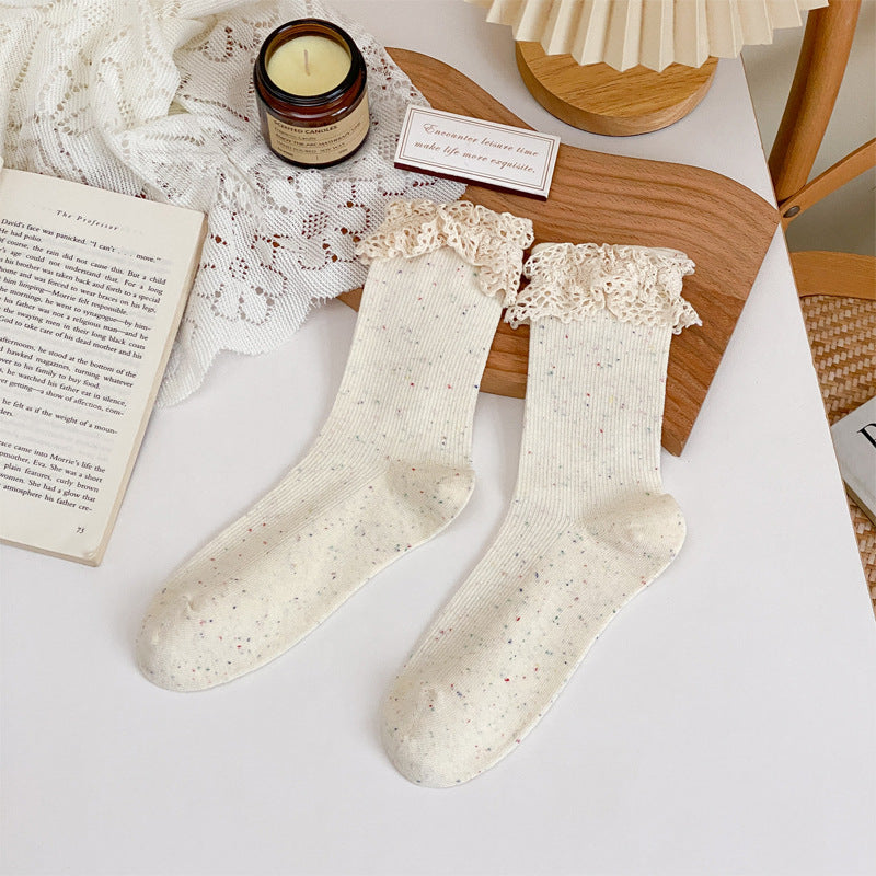 Lace Ruffle Cuff Speckled Crew Socks - White