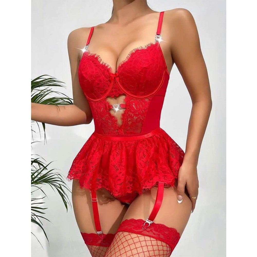 Lace Peplum Underwire Teddy With Garter Straps
