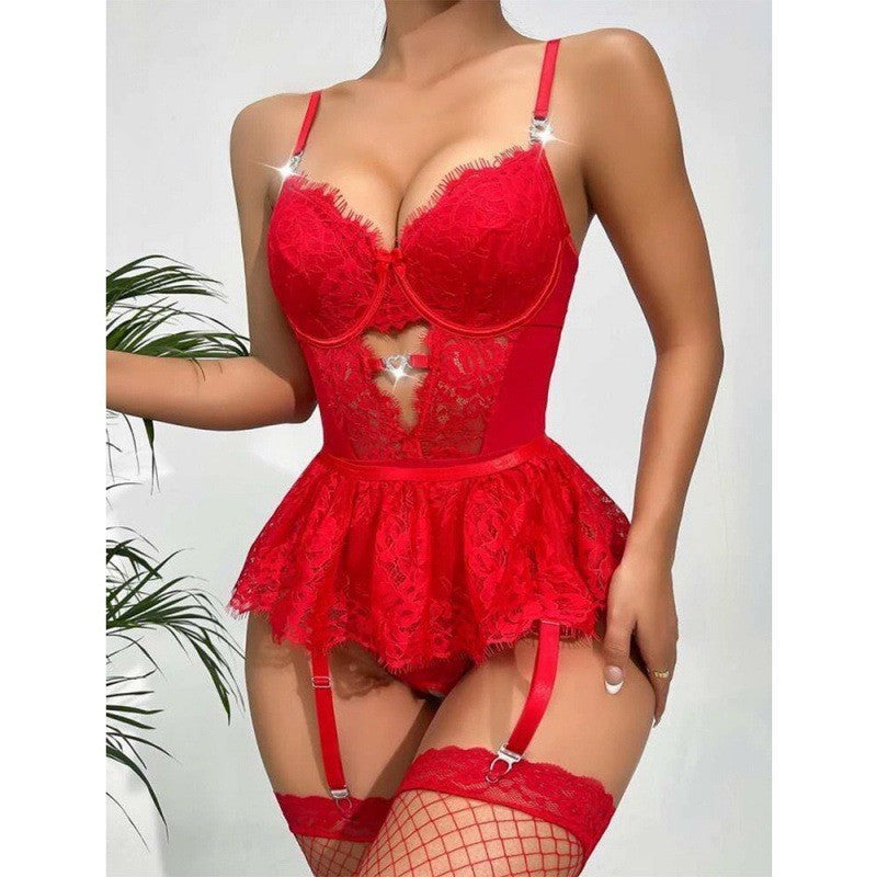 Lace Peplum Underwire Teddy With Garter Straps