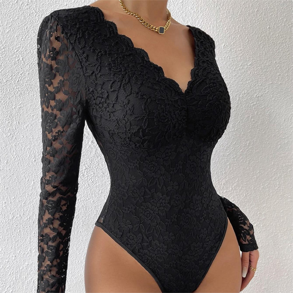 Scalloped Lace Long Sleeve Bodysuit - Black