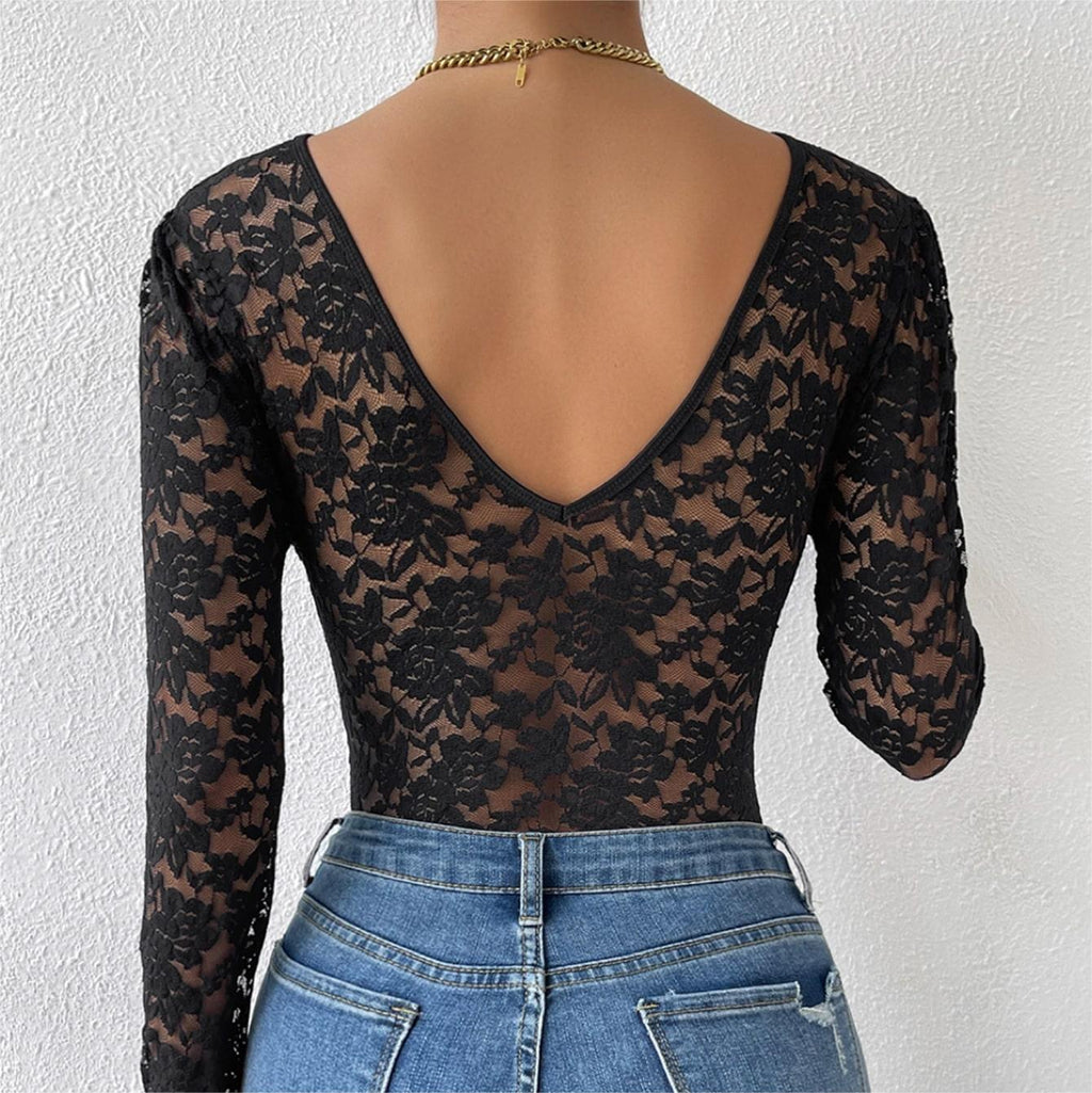 Scalloped Lace Long Sleeve Bodysuit - Black - 2