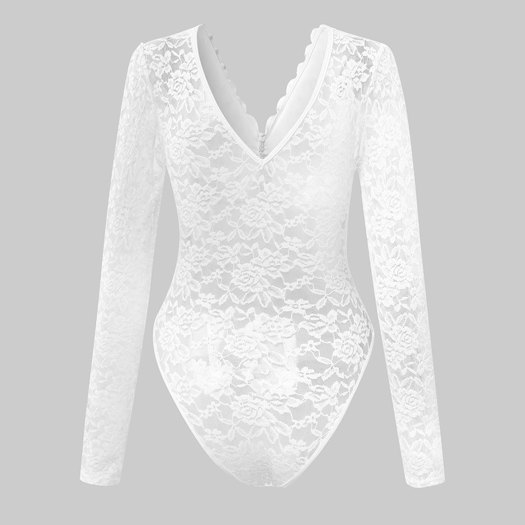 Scalloped Lace Long Sleeve Bodysuit - White - 10