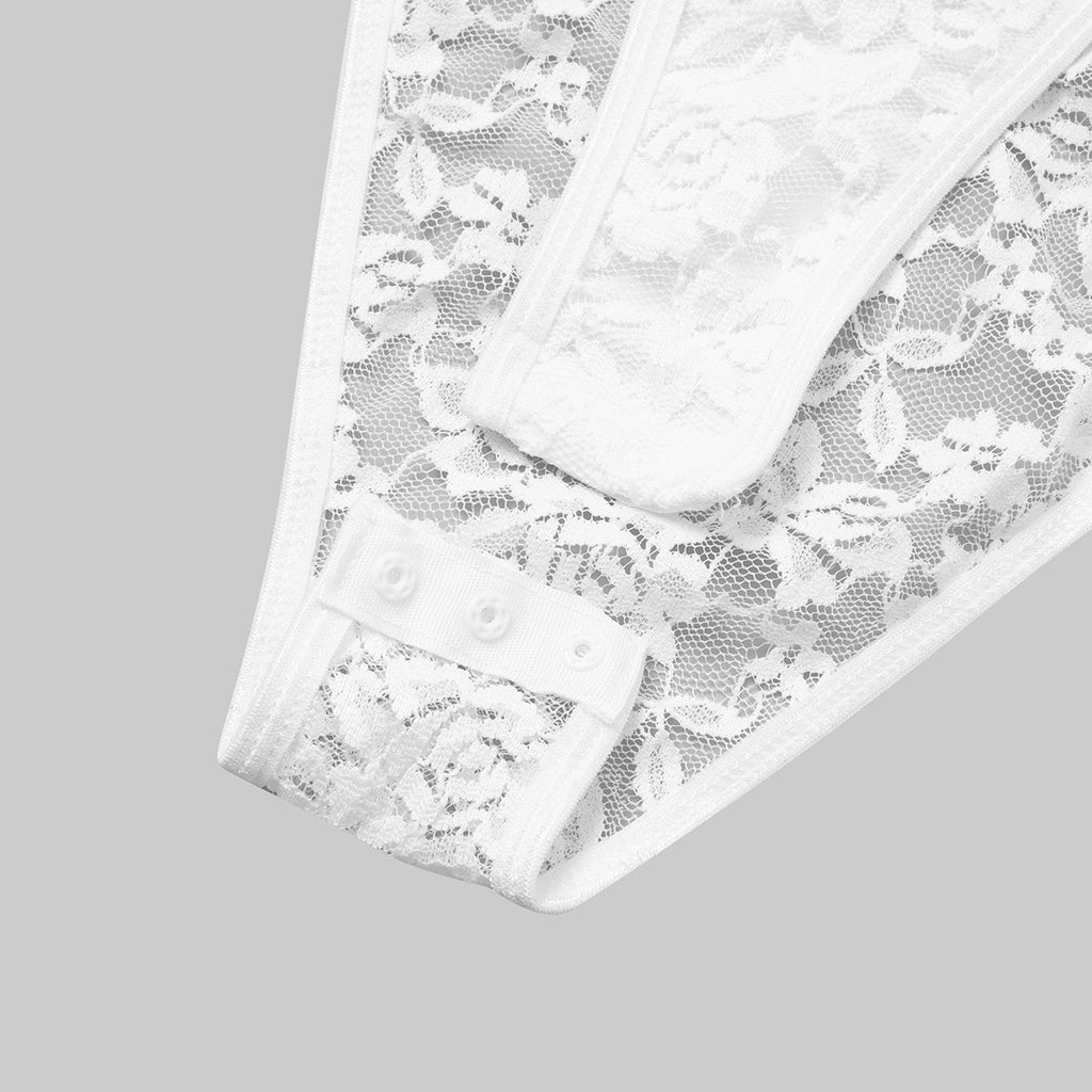 Scalloped Lace Long Sleeve Bodysuit - White - 7