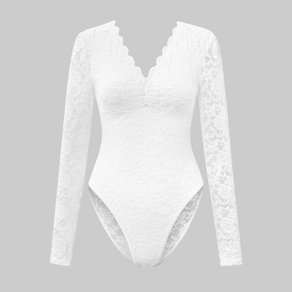 Scalloped Lace Long Sleeve Bodysuit - White - 9