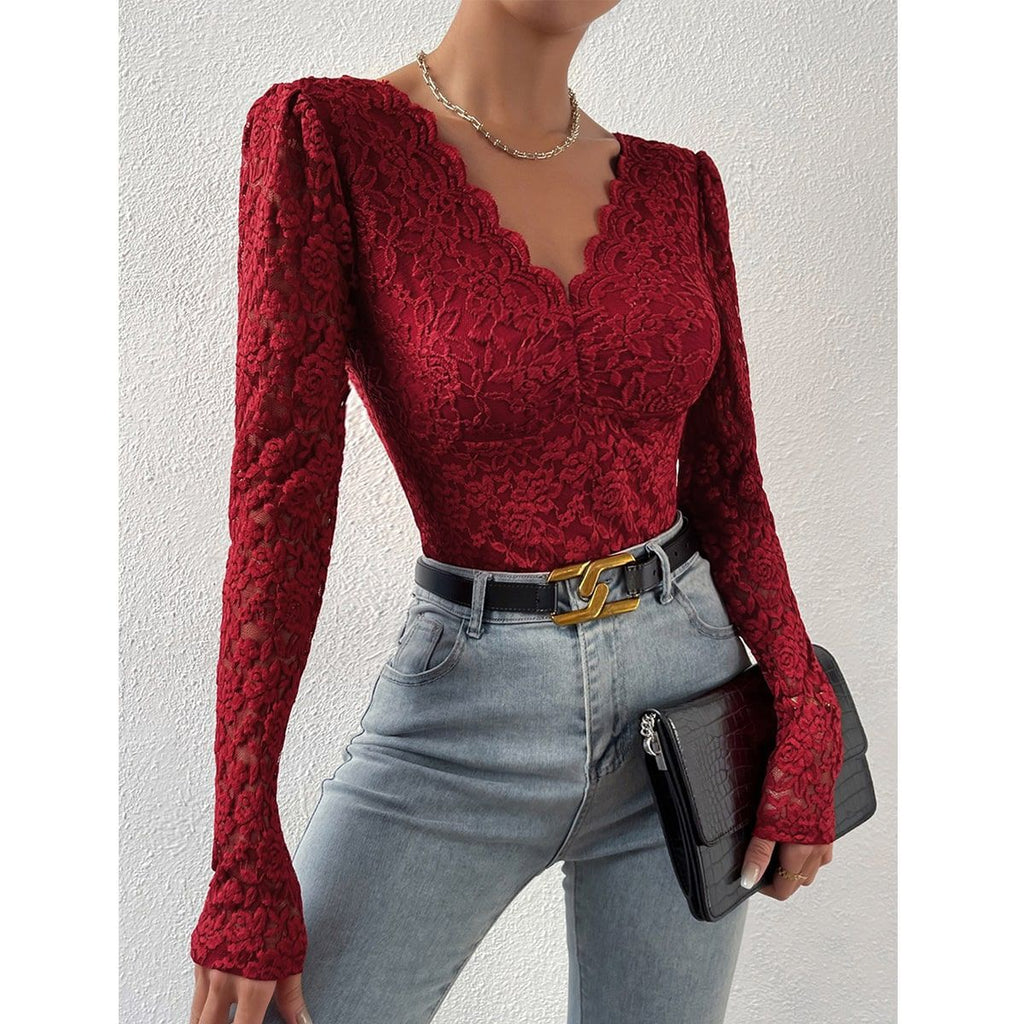 Scalloped Lace Long Sleeve Bodysuit - Wine Red